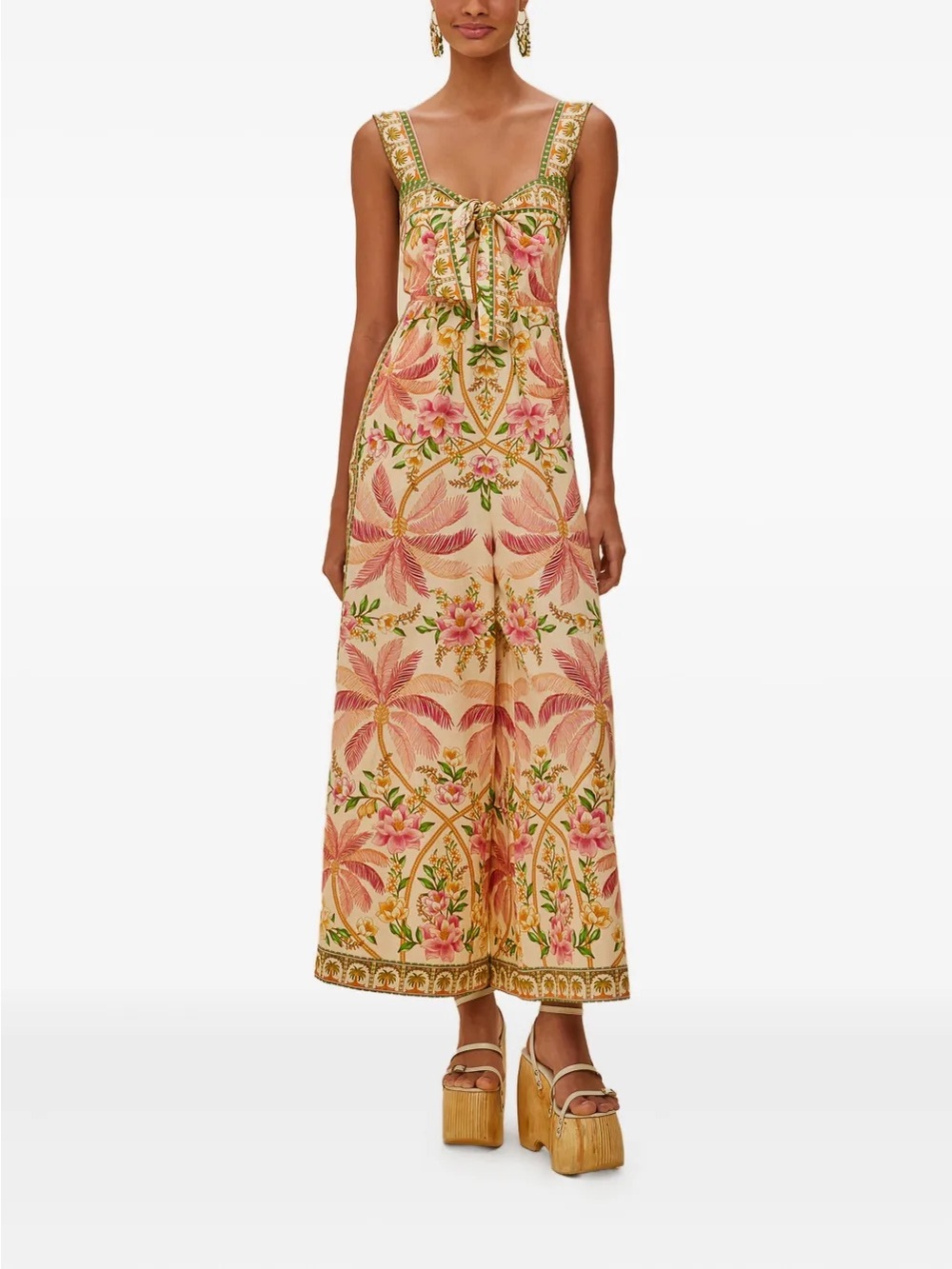 FARM Rio Pink and Green Tropical Tie-Front Wide-Leg Jumpsuit
